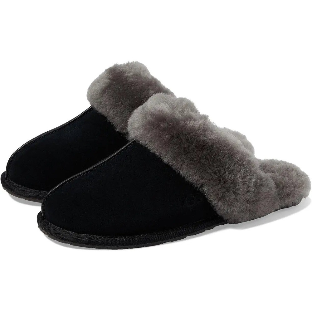 UGG Scuffette II Black Suede Grey Sheepskin Slippers 1106872 Womens 11